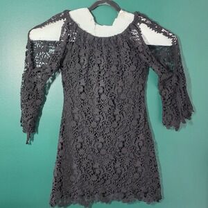 Bronte Women Charcoal Grey Floral Lace Cold Shoulder Bell Sleeve Mini Dress S